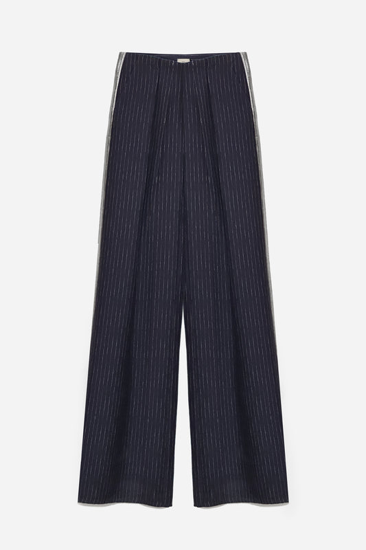 Pantalon large en laine bleu marine
